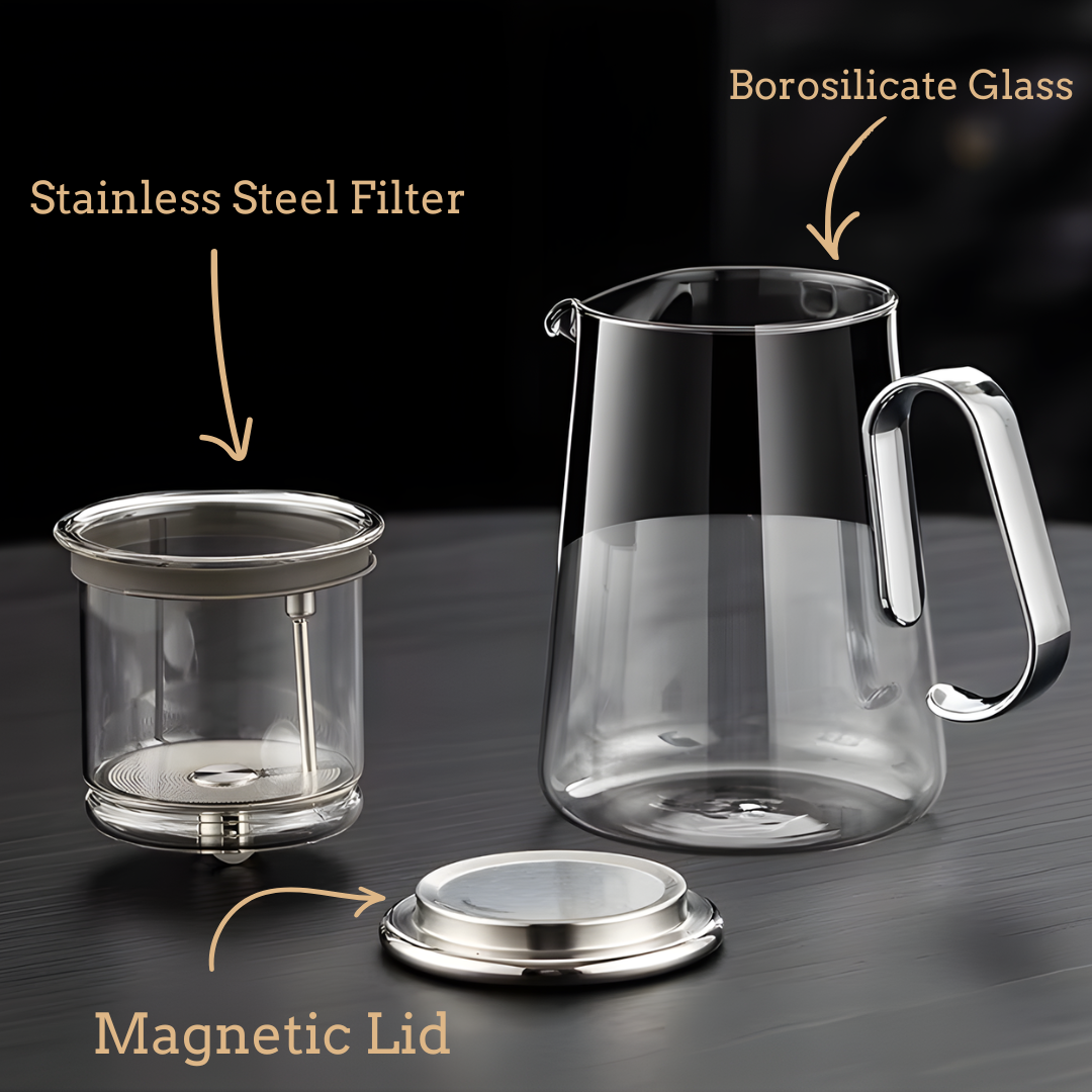 Disassembled clear borosilicate glass teapot